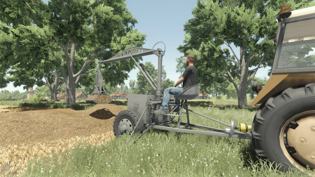 FS25 mod Nujn 100 v1.0.0.0 depicts a farmer operating an agricultural machine in a field, showcasing Farming Simulator 25 mods.