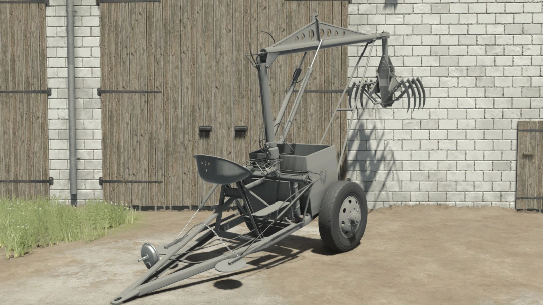 Nujn 100 mod for Farming Simulator 25 featuring a unique farming vehicle with a crane and claw attachment.