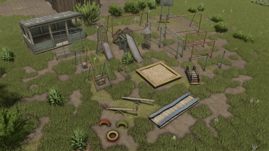 Old Playground Decorations mod for FS25 showing retro play structures in a grassy area.