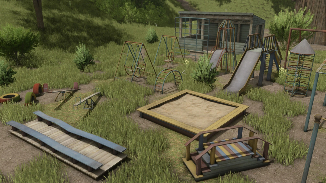 Farming Simulator 25 Old Playground Decorations mod showing retro playground equipment in a grassy area.