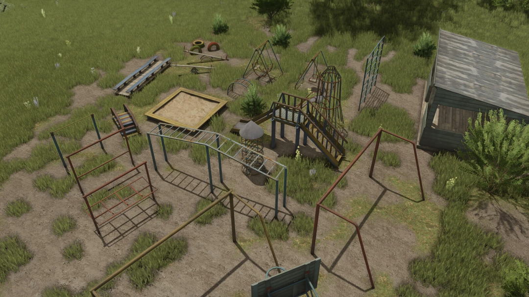 Old Playground Decorations mod in FS25 with swings and slides in a grassy area.