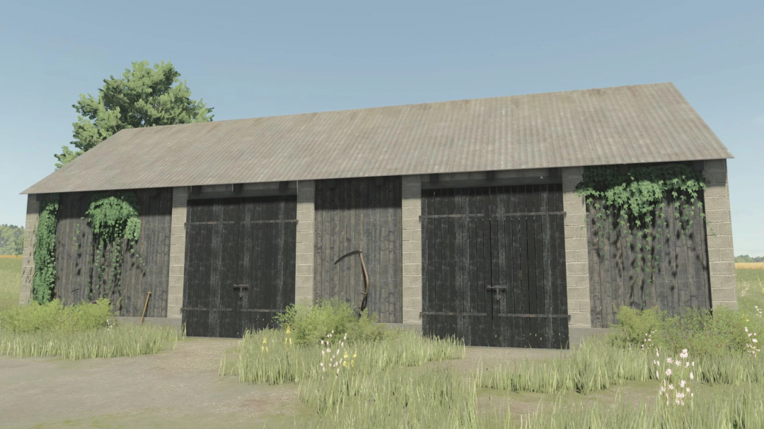 Polish brick barn mod for Farming Simulator 25, featuring an old wooden and brick barn with greenery.