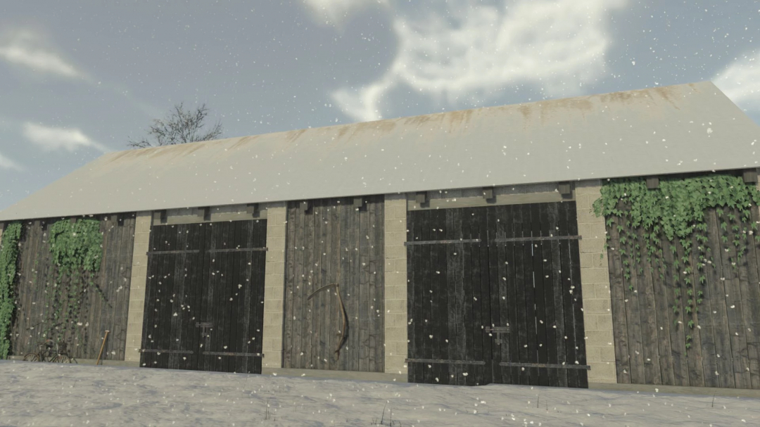 FS25 mod Polish brick barn covered in snow with ivy on walls.