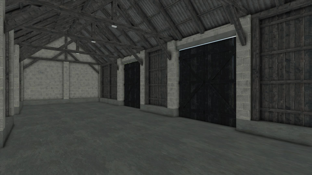 Interior of Polish brick barn mod for FS25, showcasing wooden beams and large doors.