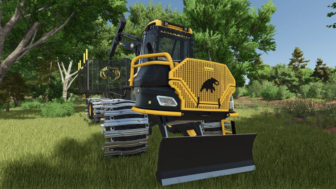 FS25 mod Ponsse Mammoth Active Frame v1.0.0.0 on grassy terrain in a forest setting.