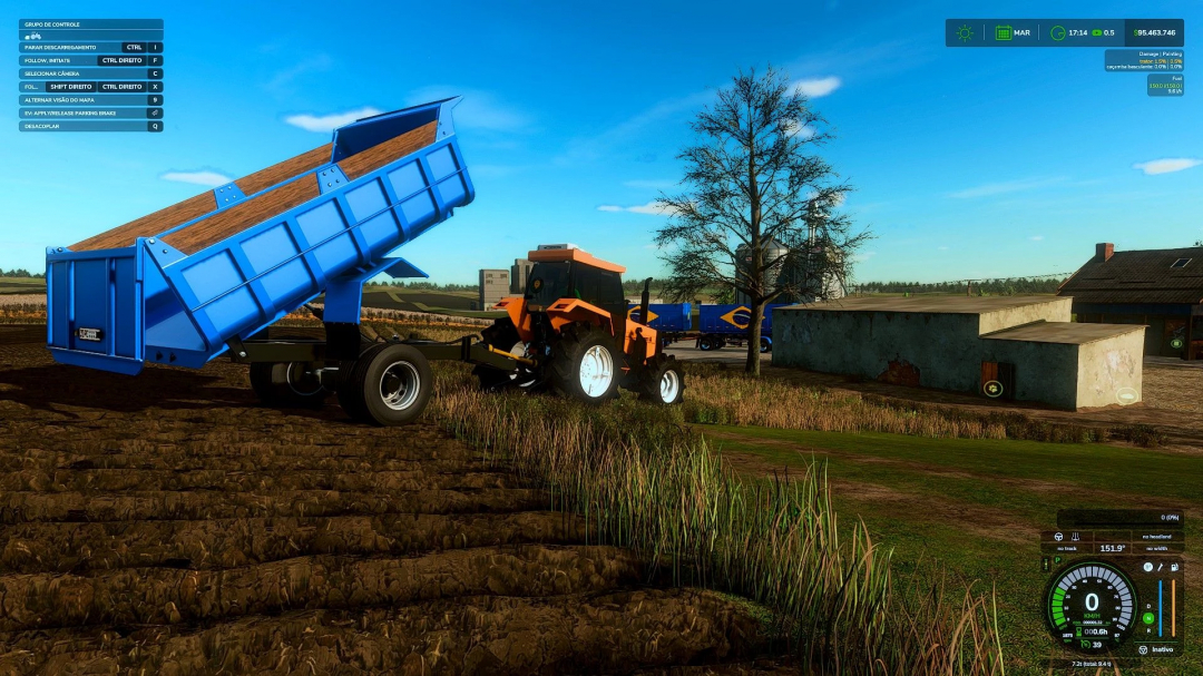 FS25 mod RB 12T v1.0.0.0 showing a blue trailer dumping soil in a farm field.