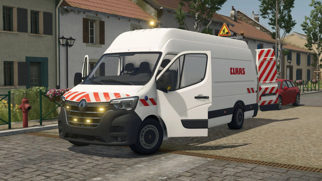 Renault Master L4H3 van mod in Farming Simulator 25, showcasing detailed design and urban background. FS25 mods enhance gameplay.