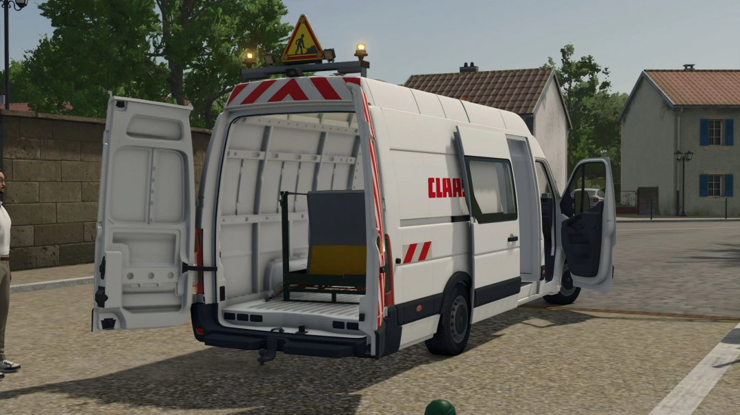 FS25 mod Renault Master L4H3 v1.0.0.0 with open doors, showcasing interior details in Farming Simulator 25.