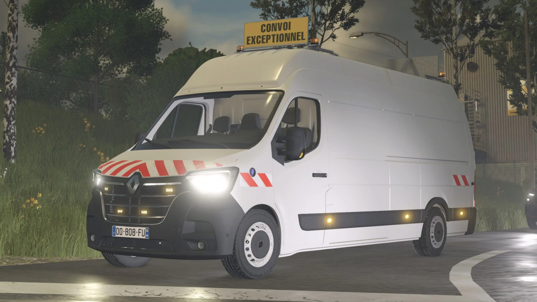 Renault Master L4H3 van mod in FS25 with 'Convoi Exceptionnel' sign, highlighting realism and utility in Farming Simulator 25.