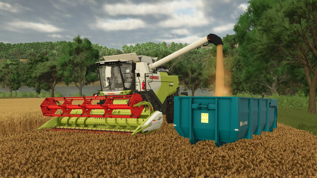 FS25 Rolland Ampliroll Pack mod showing a harvester unloading grain into green container in a wheat field.