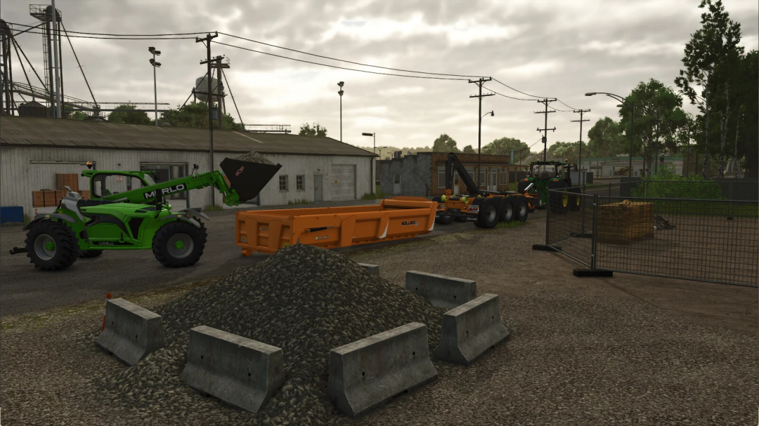 A telehandler and Rolland Ampliroll trailer in a construction area in FS25 mod.