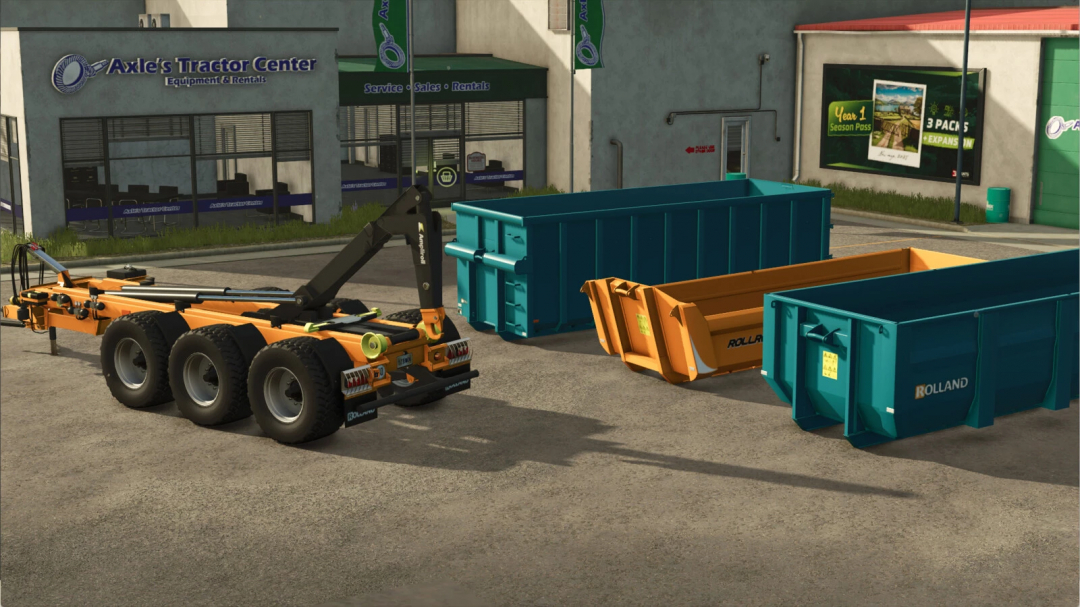 FS25 Rolland Ampliroll Pack mod showing trailers and containers in front of a tractor equipment store.