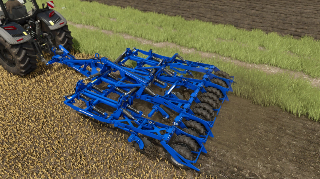 Rolmako U436 4m/4.5m in FS25 mod, showing a blue agricultural plow attached to a tractor, cultivating a field.