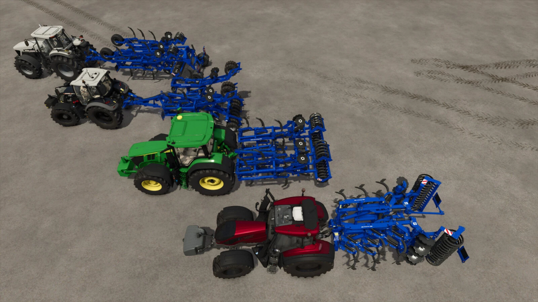 Three tractors attached to Rolmako U436 cultivators in Farming Simulator 25 mod pack.