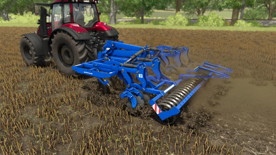 FS25 mod Rolmako U436 4m/4.5m in action, attached to a red tractor, tilling a field in Farming Simulator 25.