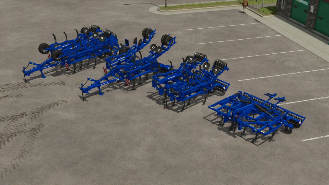 FS25 mods: Rolmako U436 4m/4.5m Pack in Farming Simulator 25 features blue agricultural equipment parked on concrete.