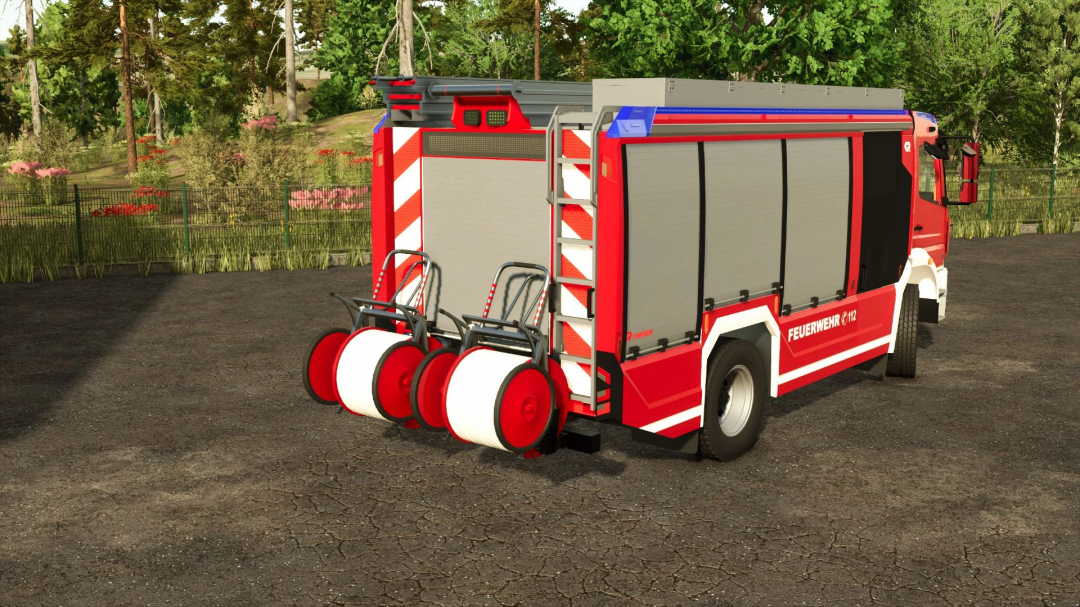 Rosenbauer AT3 Facelift fire truck mod in FS25, shown from the rear with equipment reels.