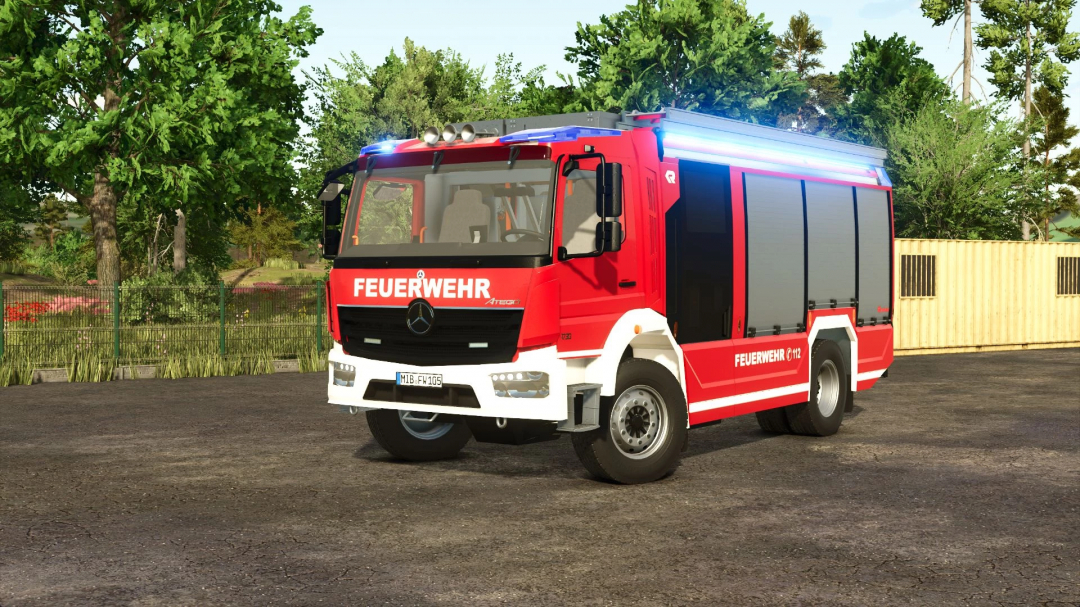 Rosenbauer AT3 Facelift fire truck mod for Farming Simulator 25 in a rural setting.