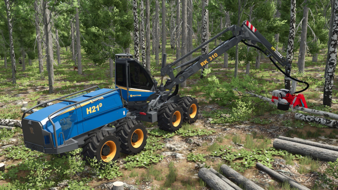 Rottne H21D harvester in forest scene, part of FS25 mods in Farming Simulator 25.