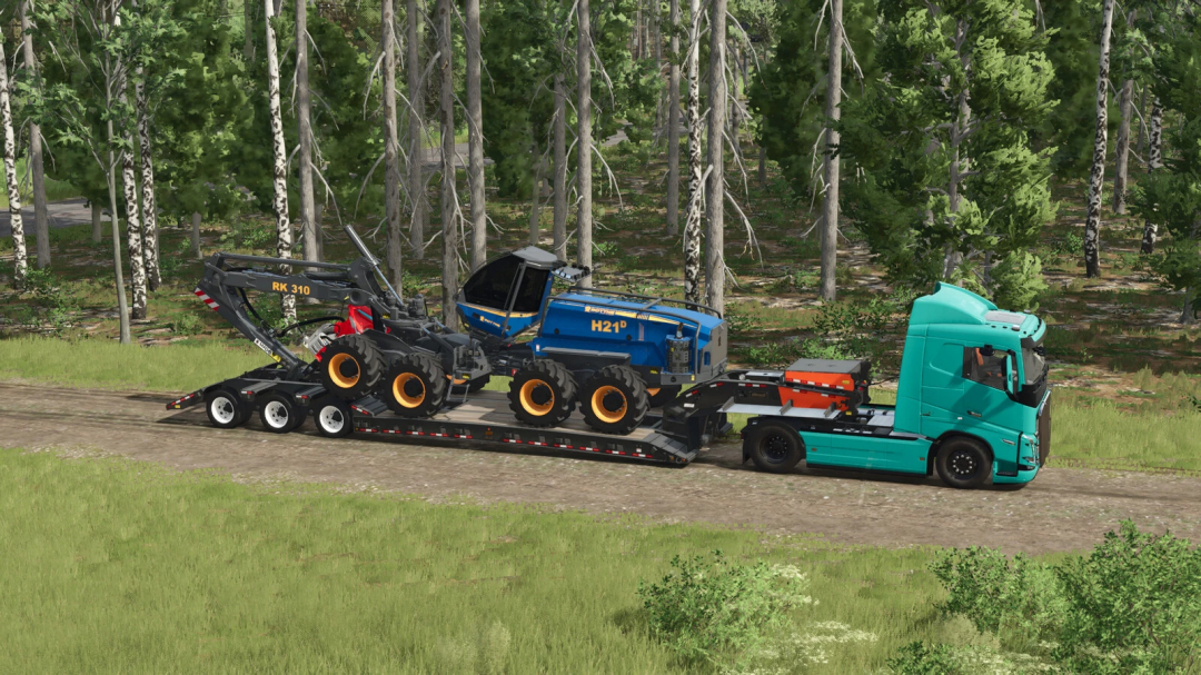 Rottne H21D Steep Slope Pack v1.0.0.0 mod for FS25, featuring a heavy forestry vehicle loaded on a trailer in a lush forest.