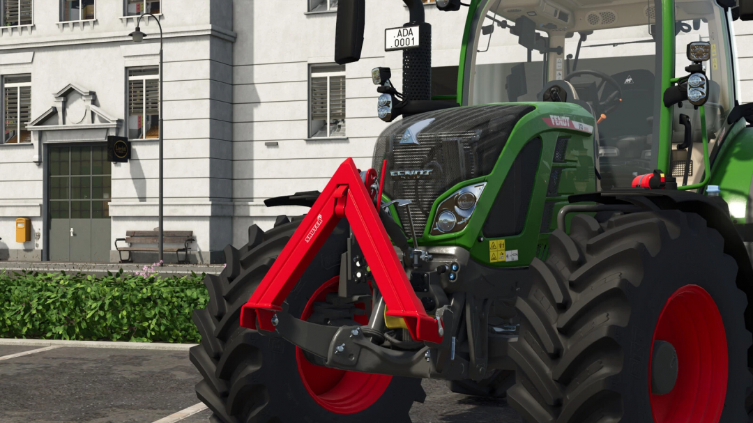 Close-up of a green tractor with a red Sauter Triangle mod in FS25.