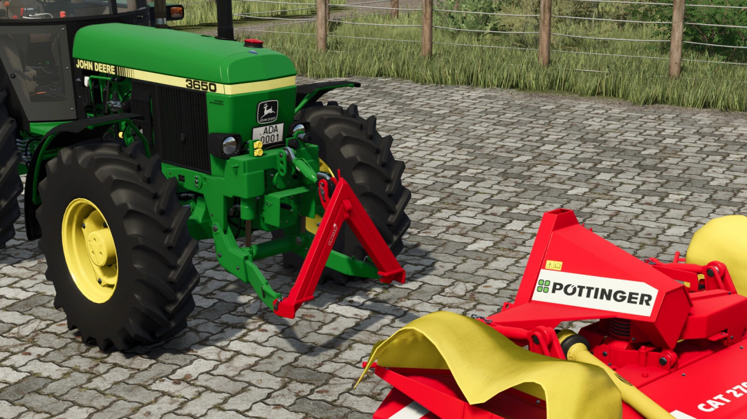 FS25 mod showcasing the Sauter Tractor Triangle v1.0.0.1 attached to a green tractor with a Pöttinger implement on cobblestone.