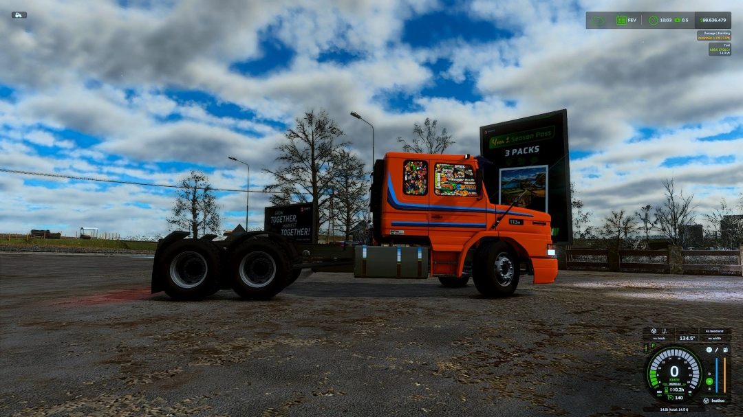 Orange Scania T112 truck mod for FS25 under cloudy sky