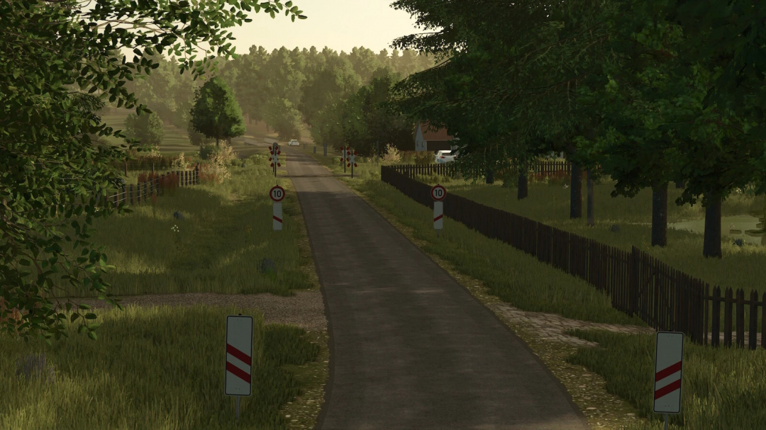 Scenic rural road in Schwesing Bahnhof mod for FS25, featuring lush greenery and rustic atmosphere.