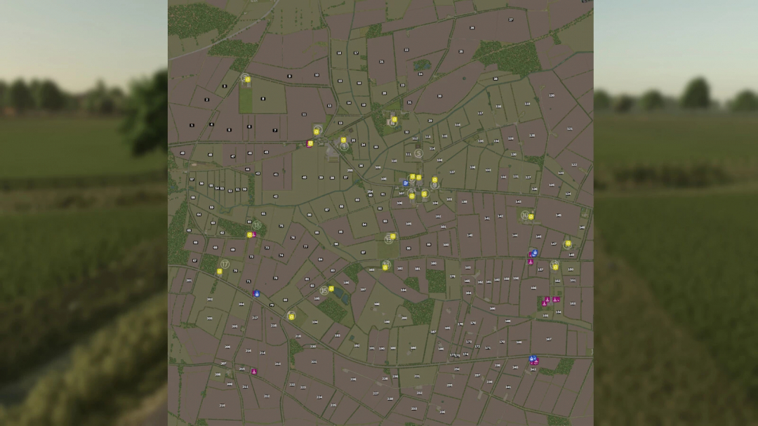 Map layout of Schwesing Bahnhof mod in Farming Simulator 25, showing fields and locations. FS25 mods enhance gameplay.