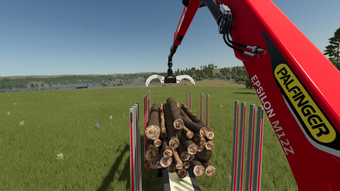 FS25 mod image showing a Shortwood Trailer with logs loaded using a Palfinger Epsilon M12Z crane.