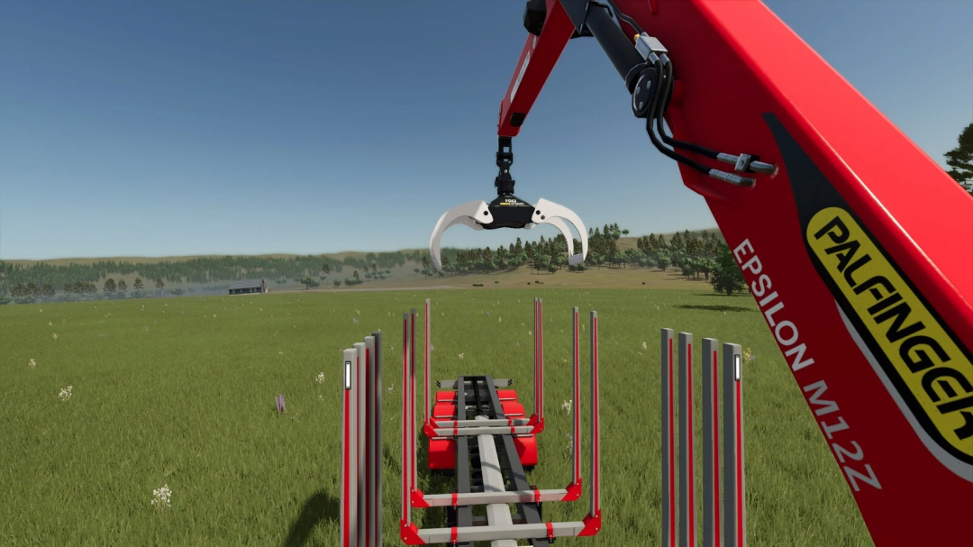 FS25 Shortwood Trailer Pack mod with crane arm in field.