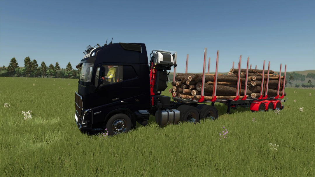 FS25 mod Shortwood Trailer Pack v1.0.0.0 in a field, carrying logs on a trailer.