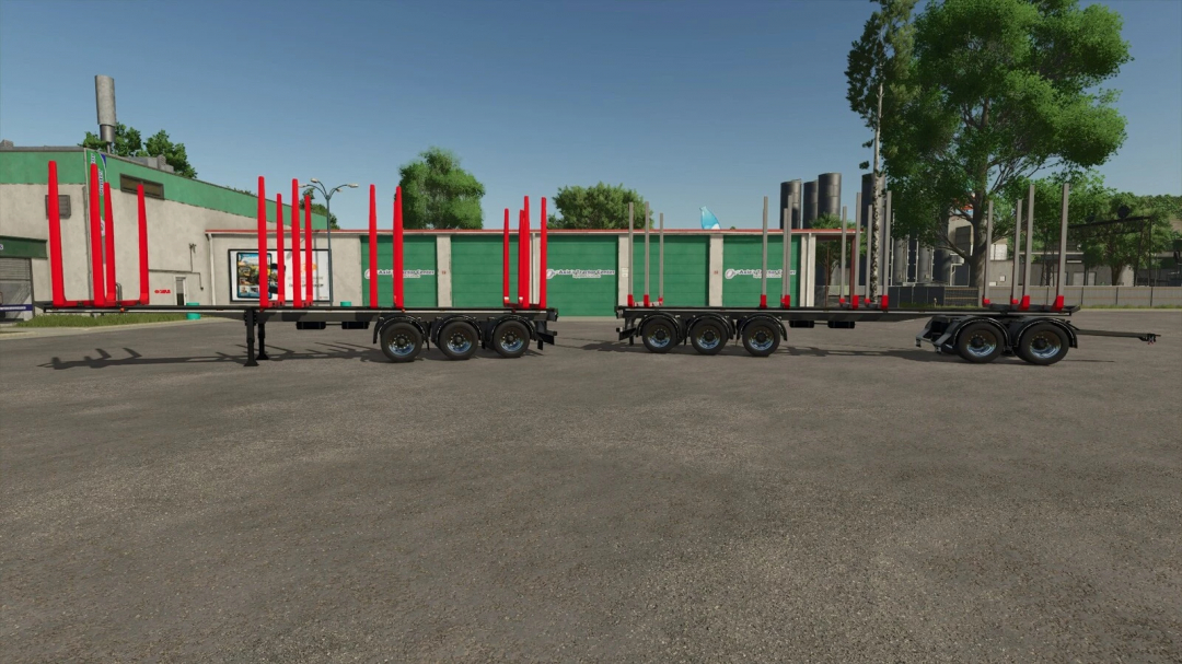 FS25 mod Shortwood Trailer Pack v1.0.0.0 features two black trailers with red stakes, parked in an industrial setting.