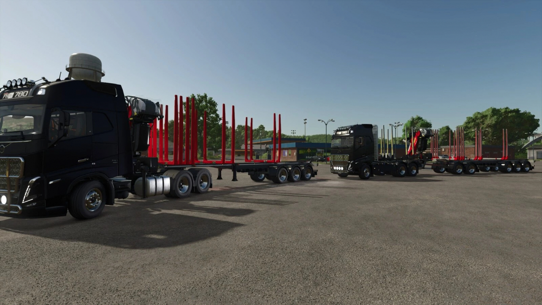 FS25 mods: Shortwood Trailer Pack v1.0.0.0 in Farming Simulator 25 with black trucks and red stake trailers.