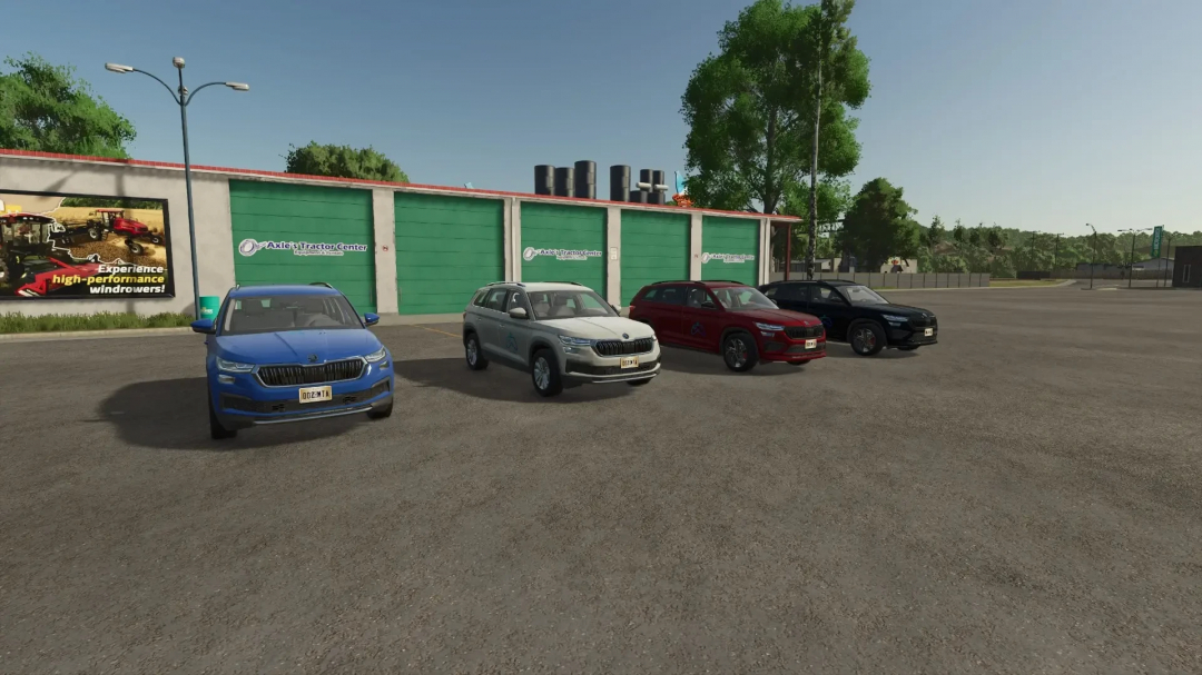 FS25 Skoda Kodiaq Jojo Gaming Edition mod cars parked in front of Axle's Tractor Center.