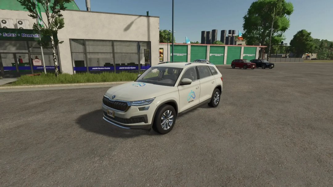 Skoda Kodiaq Jojo Gaming Edition mod in FS25, parked outside a building.