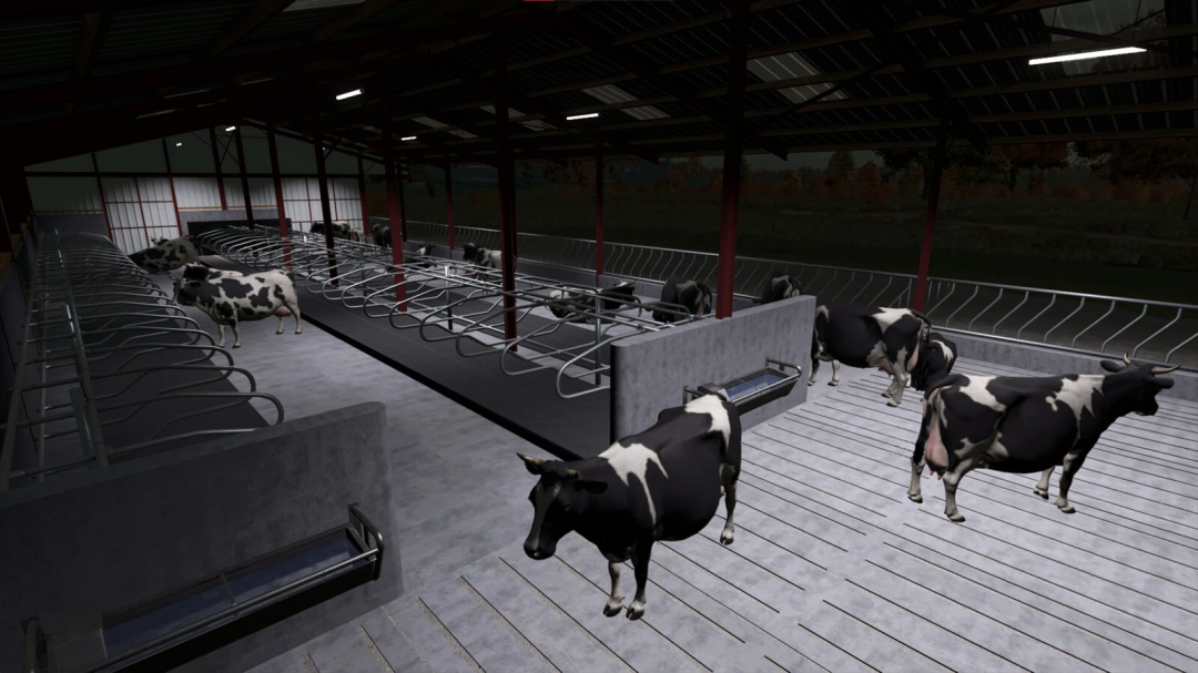 Slatted Cow Shed v1.0.0.0 mod in FS25, featuring cows in a modern barn setup.