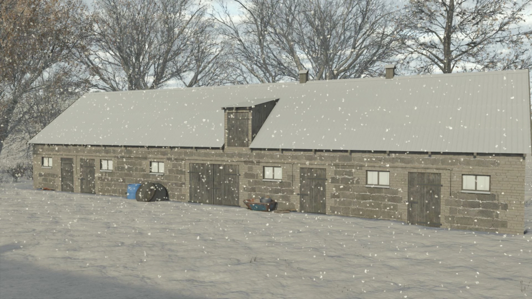 Snowy landscape with a small brick building from the Small Buildings Package mod in Farming Simulator 25.