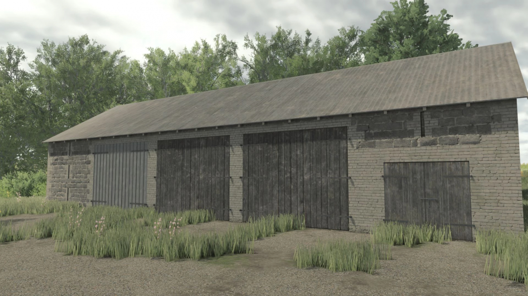 Image of Small Buildings Package mod in Farming Simulator 25, featuring a rustic stone barn with wooden doors surrounded by grass.