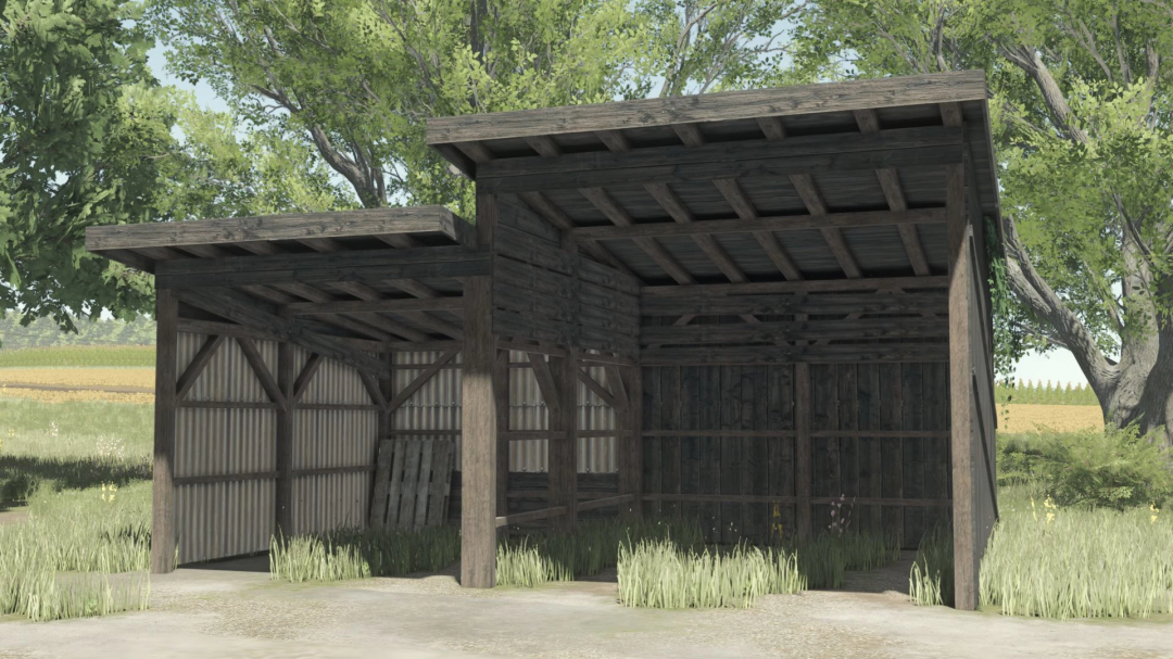 Small Shed mod for Farming Simulator 25, featuring a rustic wooden structure with corrugated metal walls in a rural setting.