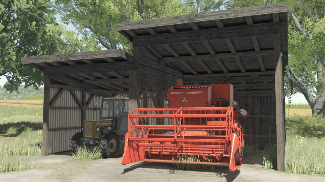 FS25 mod Small Shed v1.0.0.0 with a tractor and harvester under wooden shelter