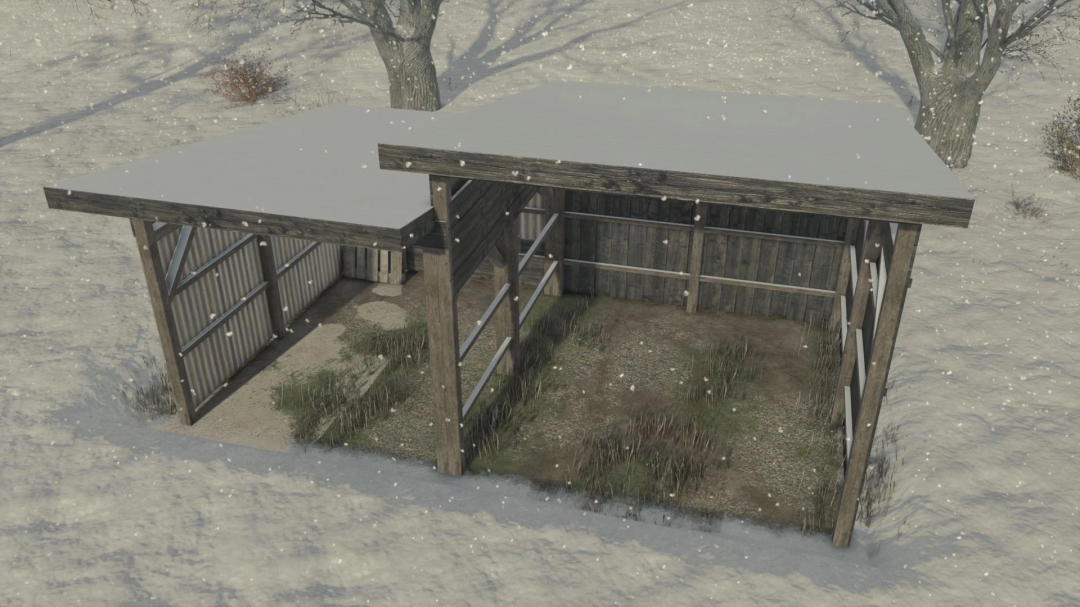 FS25 mods: Image of the Small Shed v1.0.0.0 in Farming Simulator 25, covered in snow with wooden walls and metal roof.