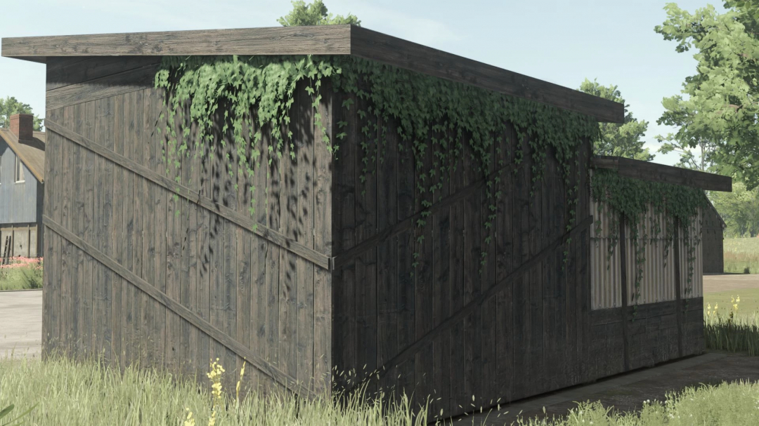 Wooden small shed with ivy, FS25 mod Small Shed v1.0.0.0 in a rural landscape.