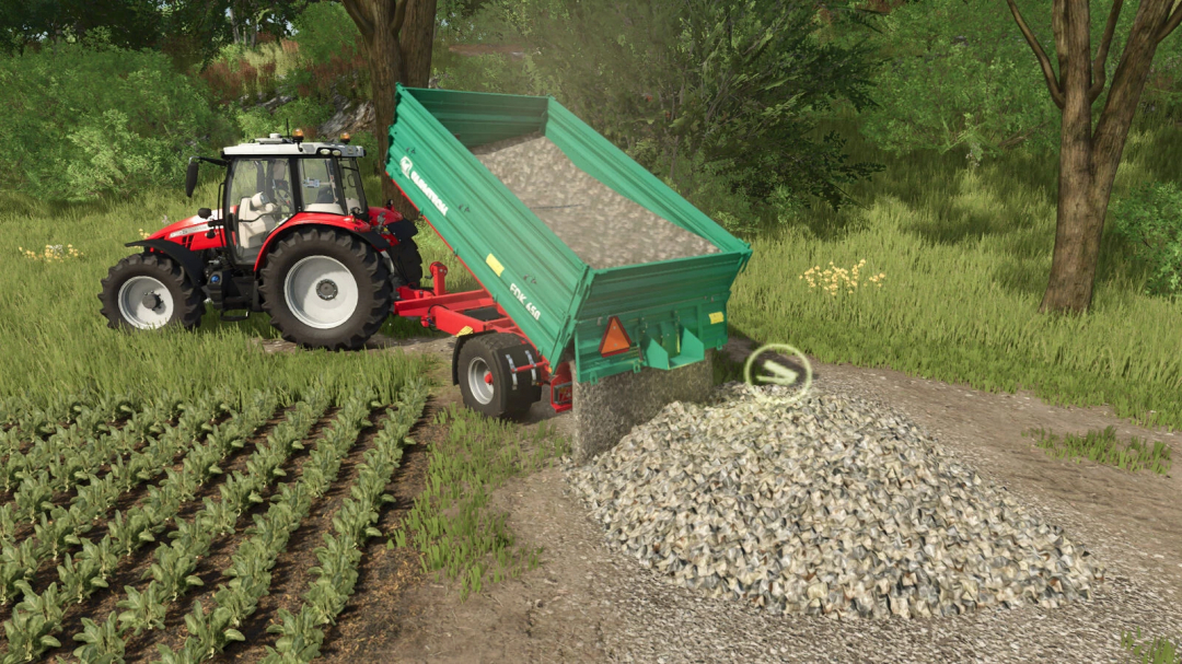 FS25 mod Stone Selling Station v1.0.0.0 with tractor unloading stones in a field.