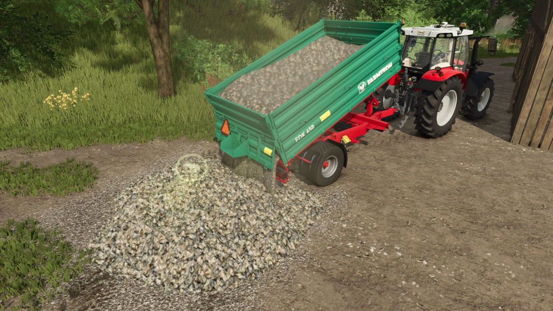 Farming Simulator 25 mod showing Stone Selling Station v1.0.0.0 with tractor unloading rocks.