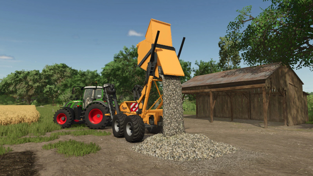 Stone Selling Station mod in Farming Simulator 25, featuring a tractor unloading stones near a rustic shed.