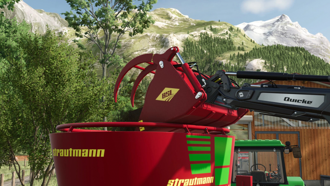 FS25 mod image featuring Strautmann GS 1750 v1.0.0.0, showing a close-up of a red attachment used on a farm vehicle in a scenic mountainous area.