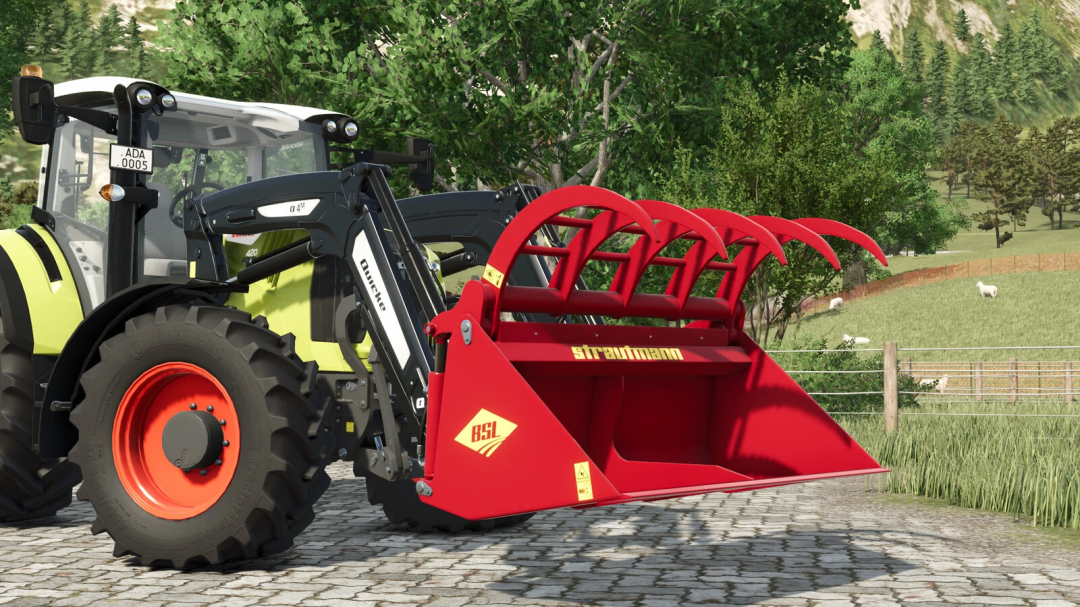 Strautmann GS 1750 mod for Farming Simulator 25, showcasing a red attachment on a tractor in a rural landscape.