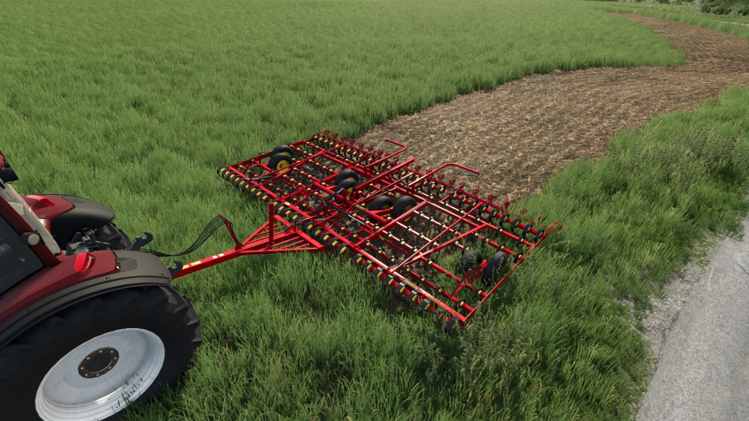 FS25 mod Väderstad NZ 600 v1.0.0.0 in Farming Simulator 25, attached to a tractor, working on a field.