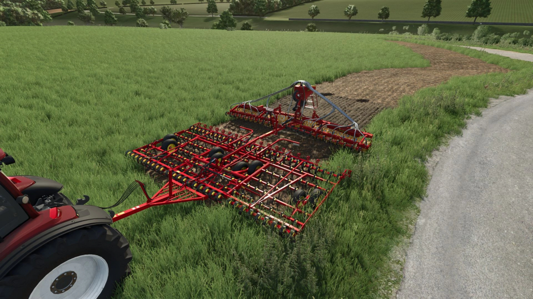 Väderstad NZ 600 mod in FS25 game scene, showing a harrow attached to a tractor on a green field.